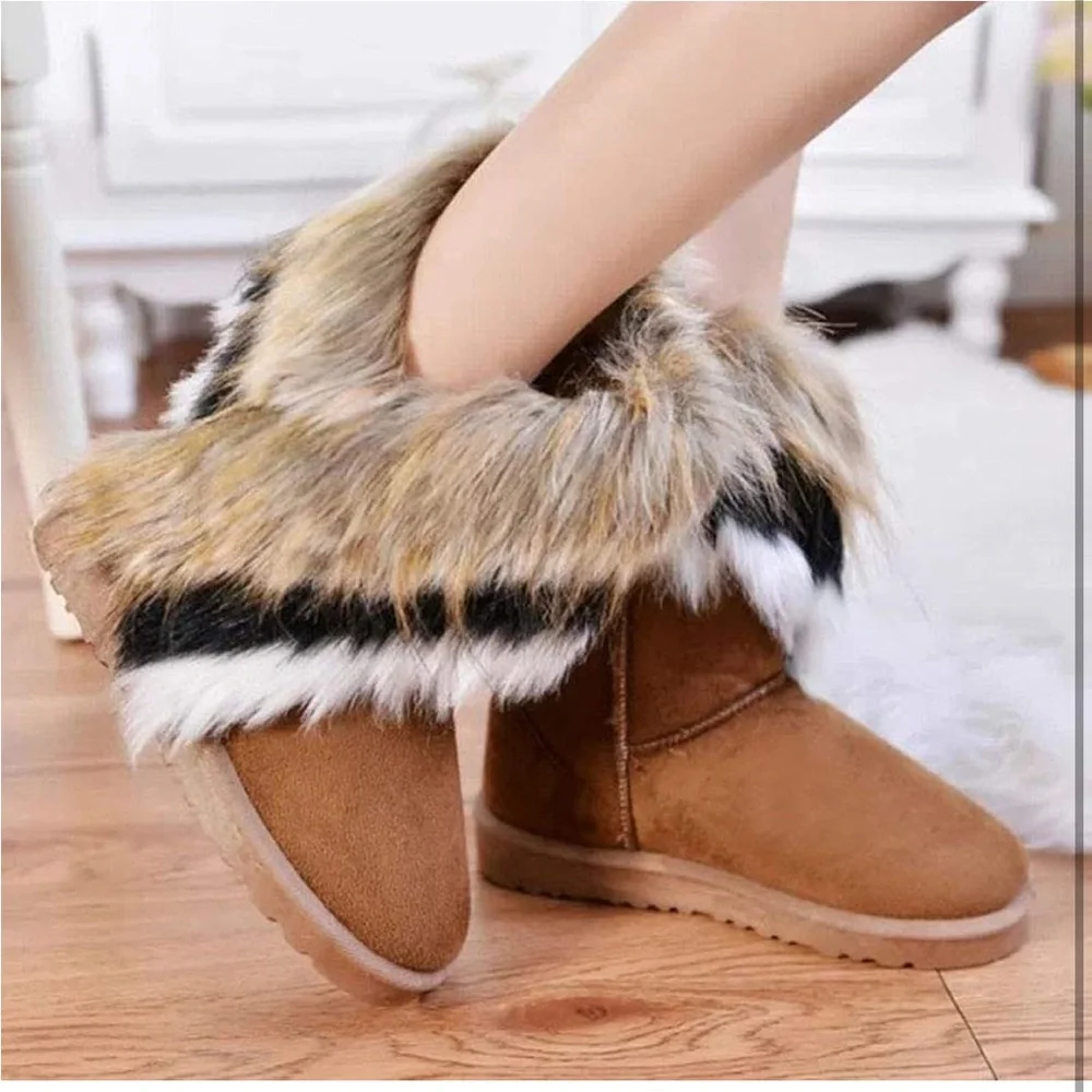 Women's Faux Fur Tassel Winter Snow Boot Suede Flat Ankle Boots Sz 42
